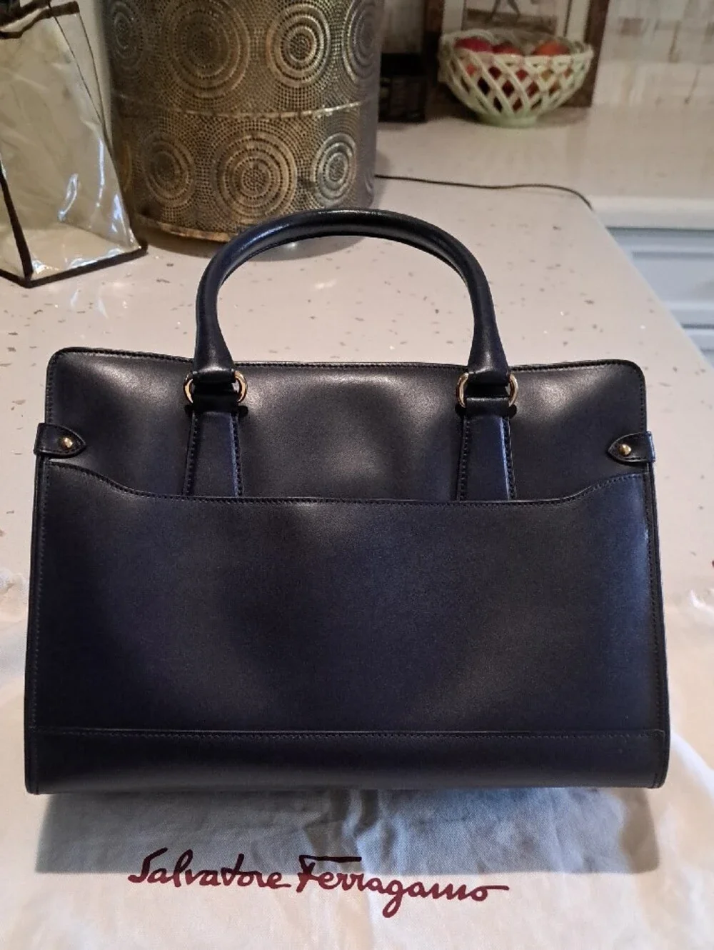 Salvatore Ferragamo Navy Leather Briana Bag with Gold Hardware